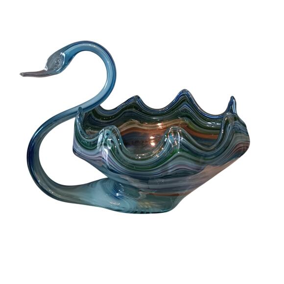 Unbranded Other - EUC Vintage Blown Multicolor Swirl Tubular Neck Glass Swan Bowl/Candy Dish
